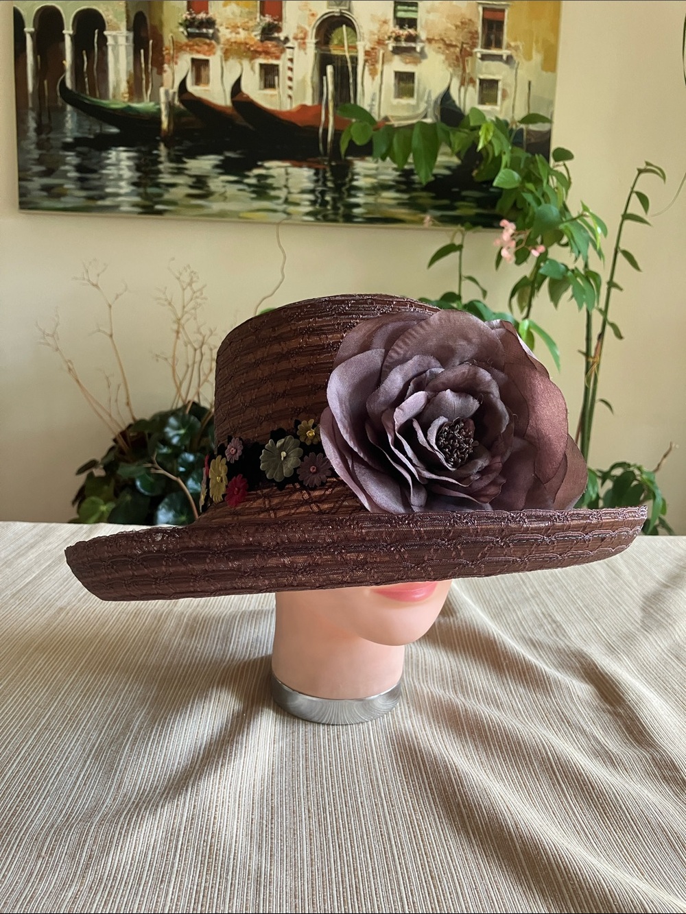 Chic Brown Wide-Brim Floral Band Hat with Oversized Brown Organza Flower